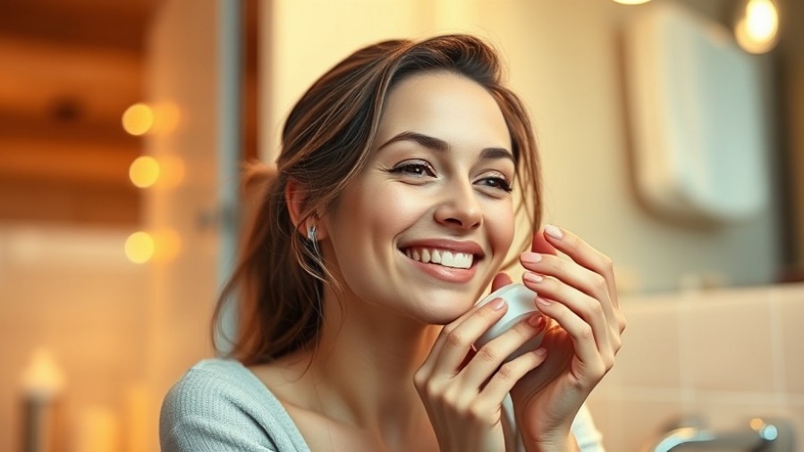 Relaxed woman in cozy bathroom applying skincare cream for a healthy skin care routine.