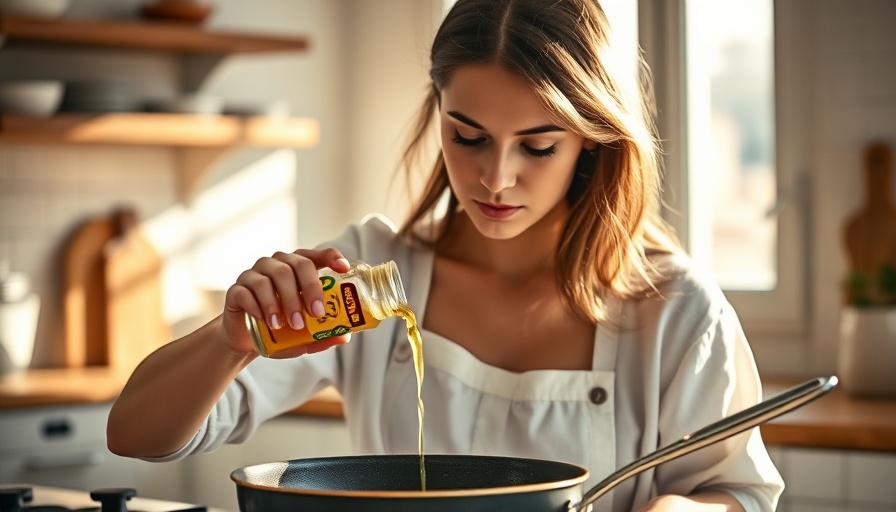 Young woman pouring olive oil in kitchen for weight loss cooking.