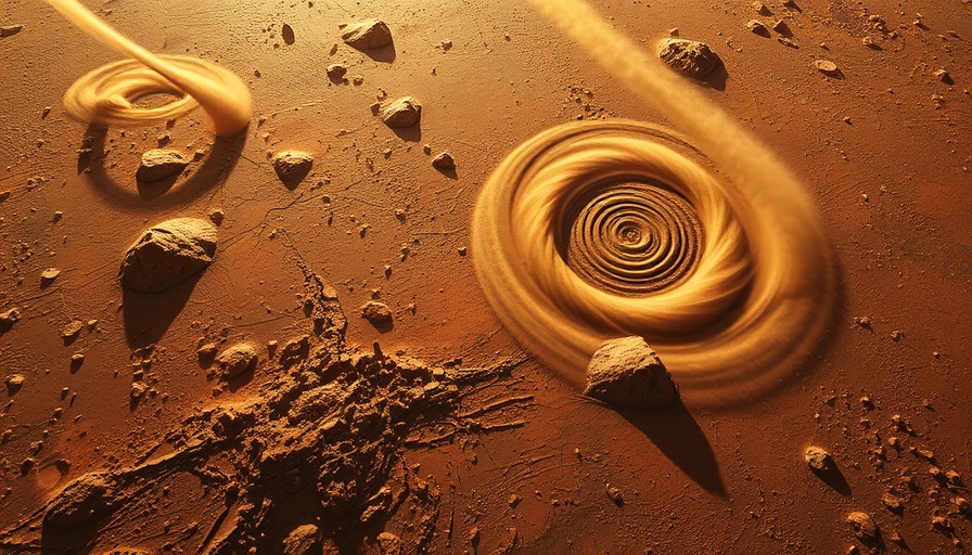 Aerial view showing Martian dust devils on a textured surface.