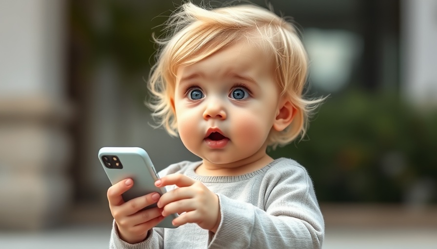 Blonde baby with phone showing surprise, consumer technology theme.