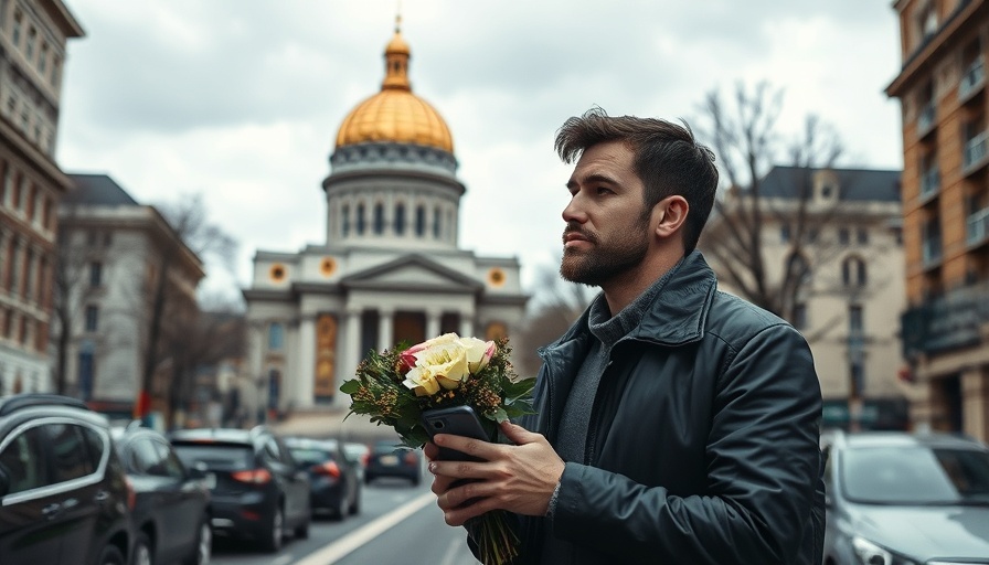 Man in Russia using phone near cathedral, symbolizing connectivity.