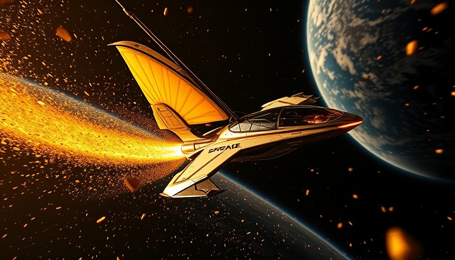 Futuristic space sailcraft near Earth amid space tornado warnings.
