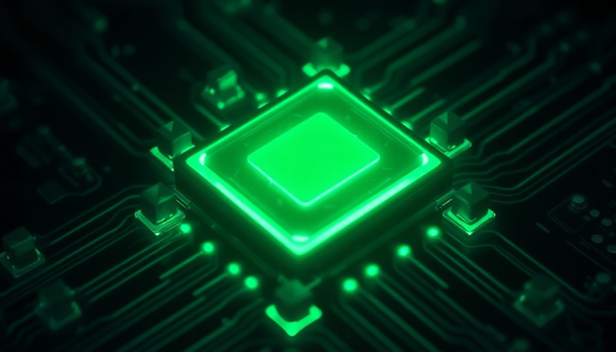 Quantum chip with green glow and metallic probes in dark setting.