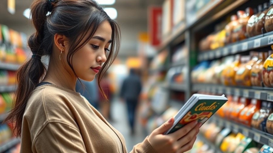 Young woman in grocery store evaluating food allergy benefits.