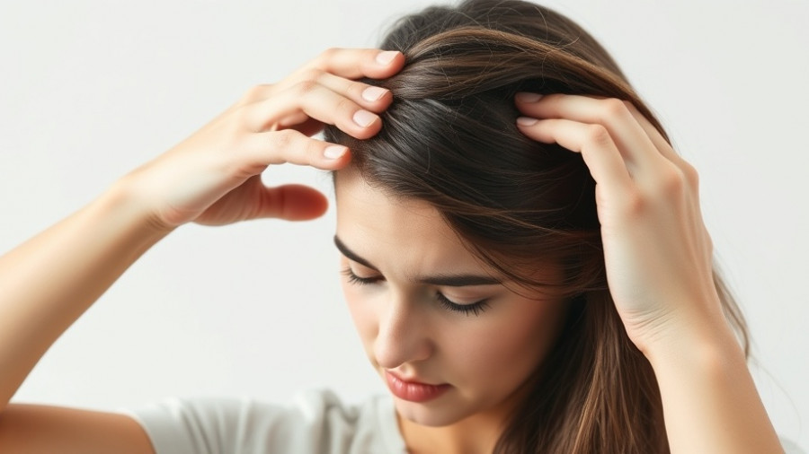 Woman checking for oily dandruff solutions on scalp.