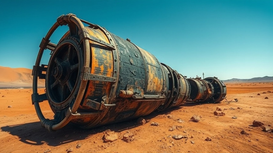 Space debris investigations: charred metal on red soil under clear sky.