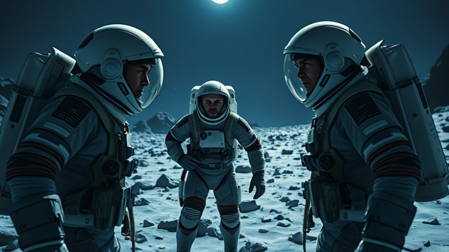 Space resources conflict on the Moon with astronauts in a tense standoff.