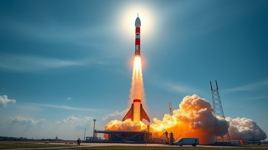 China's reusable rocket launching from pad under bright sun.