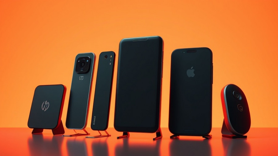 Futuristic consumer technology gadgets against a gradient background.