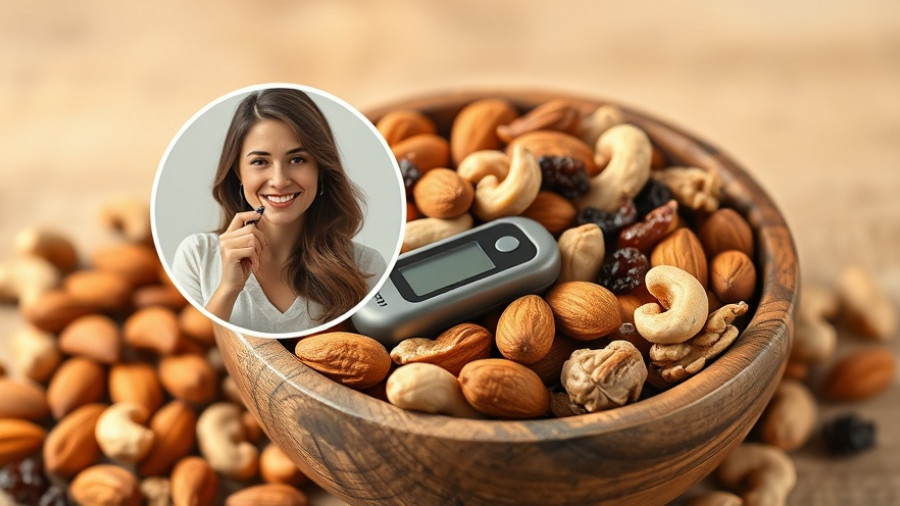 Varied dry fruits in a wooden bowl with a woman checking glucose.