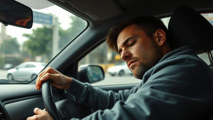 Weary driver asleep on steering wheel illustrating dangers of drowsy driving.
