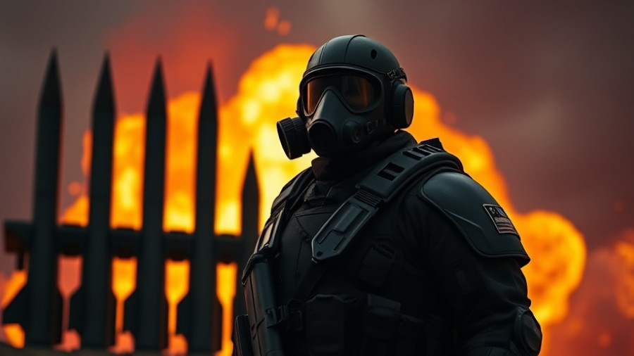 Heavily armored officer with missile warheads in fiery background.