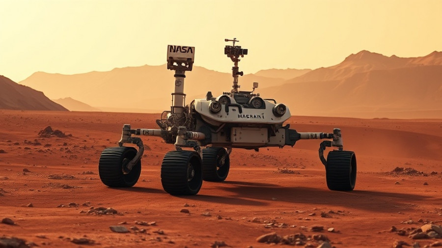 NASA rover descends onto Mars surface in cinematic shot.