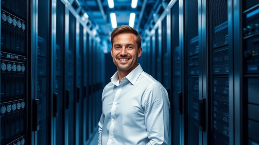 Confident man in data center exemplifying dataflow computing technology.