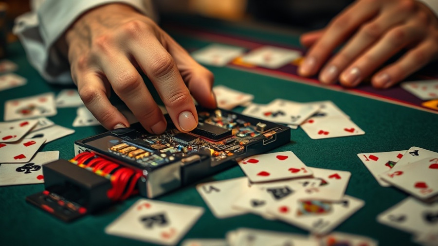 Hands tampering with card shuffler, exposing electronics, possible scandal clue.