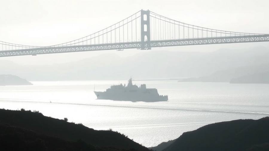 Silhouette of a ship under a suspension bridge in foggy bay.