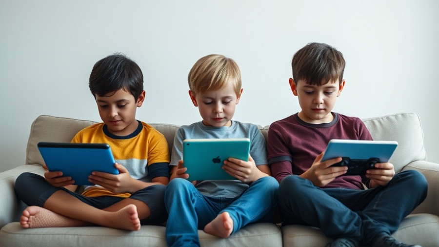 Children using tablets and a game console, highlighting tech influence and AI scams targeting children.