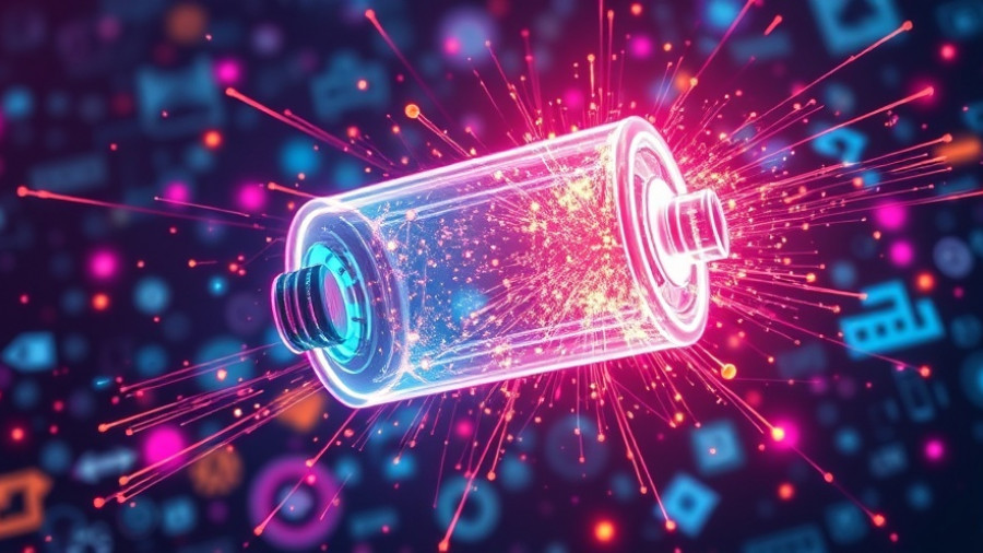 Futuristic quantum battery emitting energy particles in a sci-fi setting.
