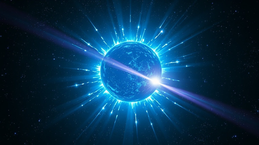 Glowing neutron star radiating energy in space for black hole research.