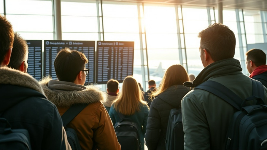 Passengers at Chicago O'Hare viewing flight information, winter attire.