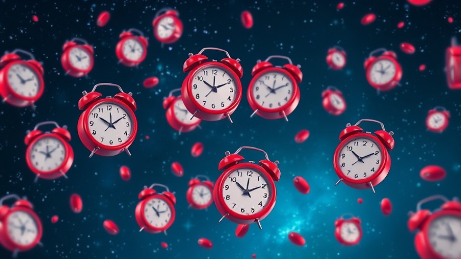 Surreal floating alarm clocks symbolizing daylight saving time sleep recovery.