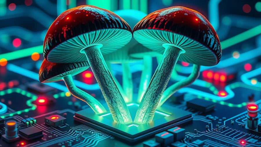 Futuristic mushroom memristors illustration on a glowing circuit board.