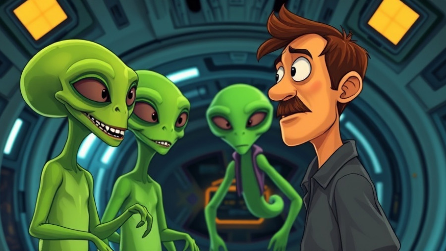 Kang and Kodos iconic aliens with a man on spaceship.
