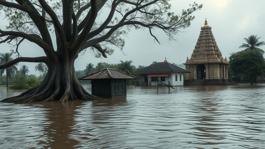 Serene flood scene with tree and building, AI storm surge forecasts