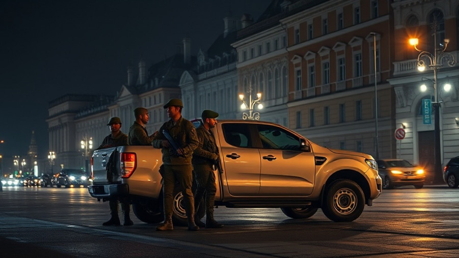 Soldiers near truck at night in front of Moscow architecture, drone warfare.
