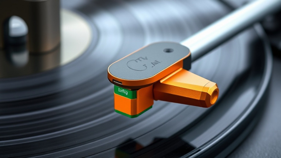 Modern turntable tonearm with orange headshell on a vinyl record
