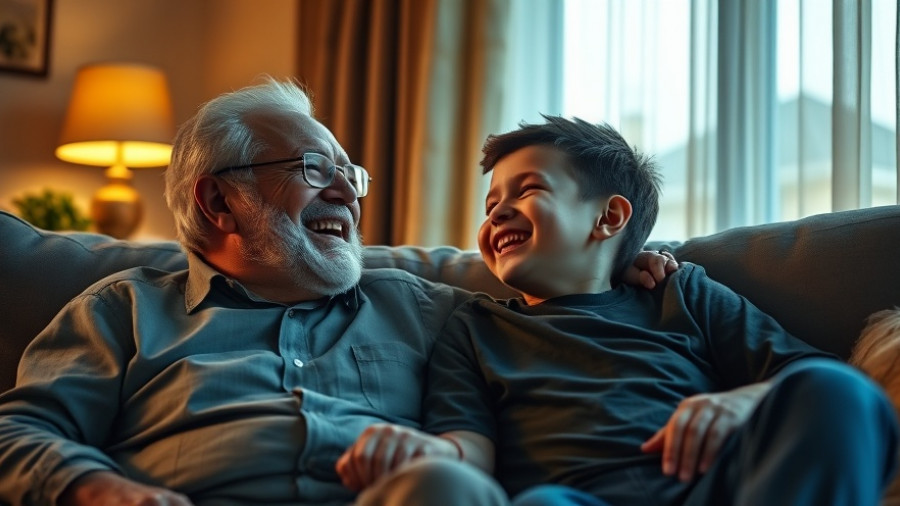 Grandfather and grandson laughing on sofa, cozy setting.