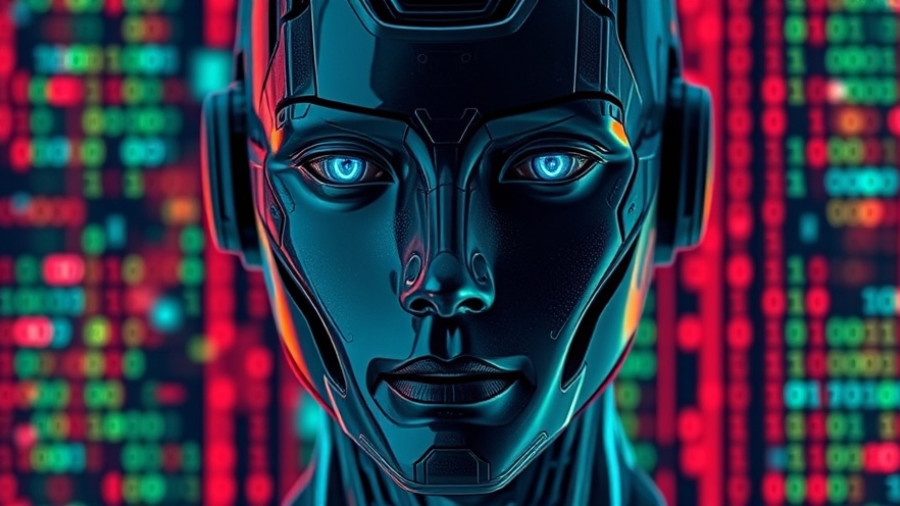 Futuristic humanoid robot with digital code, AI chatbots everyday tools.