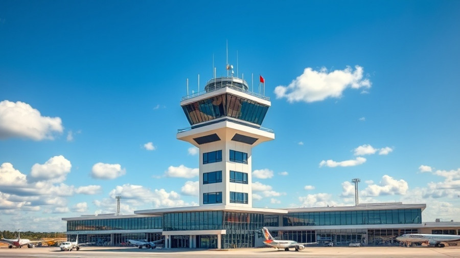 Airport control tower under blue sky highlighting air traffic controller staffing issues.