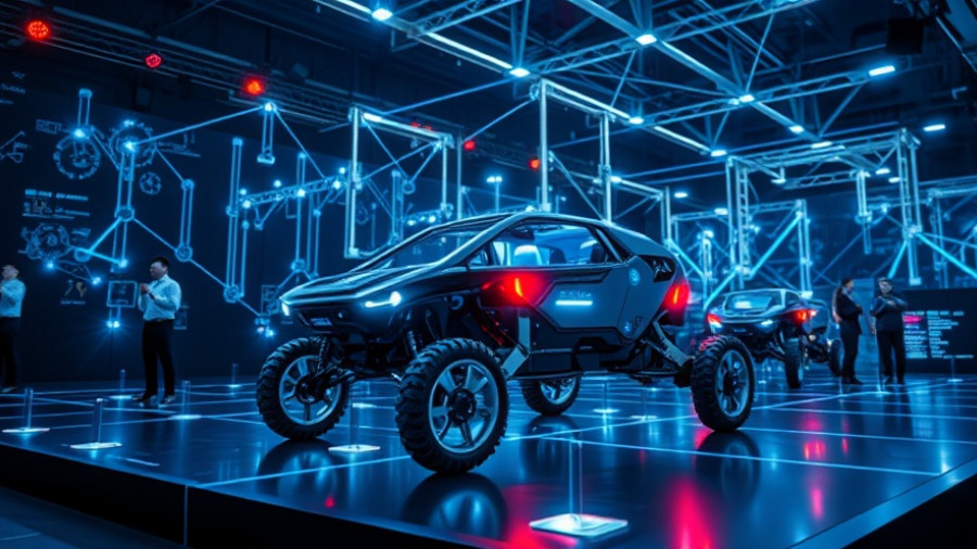 Futuristic holographic robotic vehicle network display at tech event.