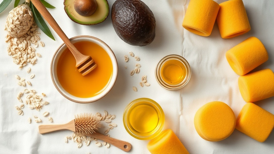 Natural remedies for dry skin flat lay with avocado, honey, and oats.