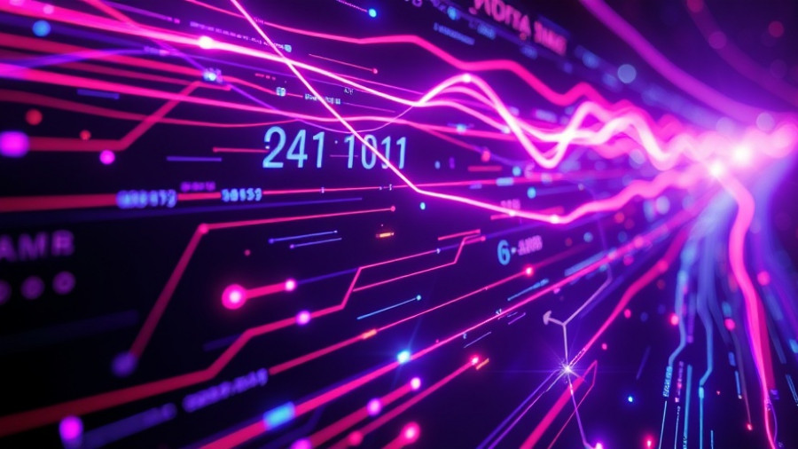 Neon digital lines illustrating quantum computing concept.