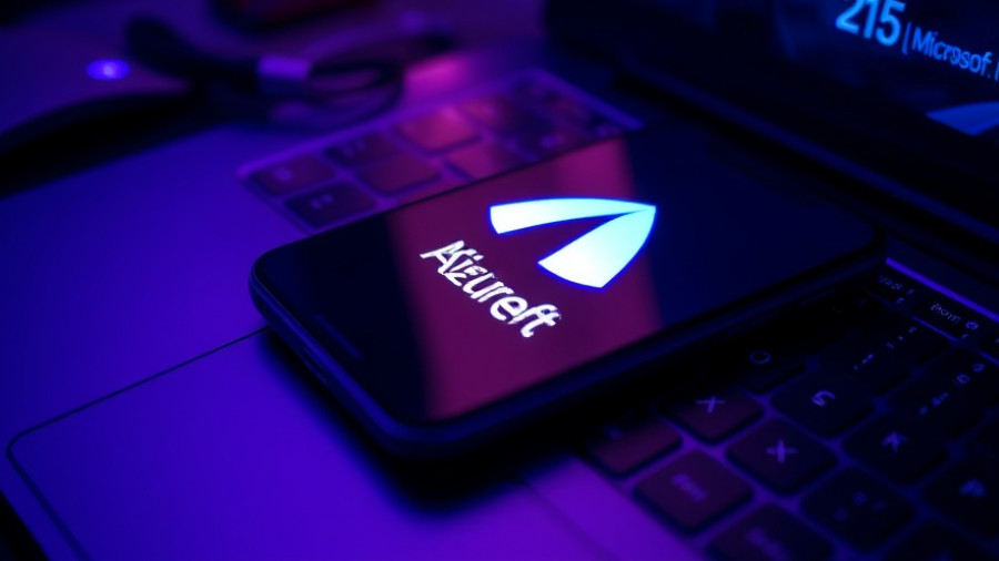 Glowing smartphone with Microsoft Azure logo on keyboard, tech ambiance.