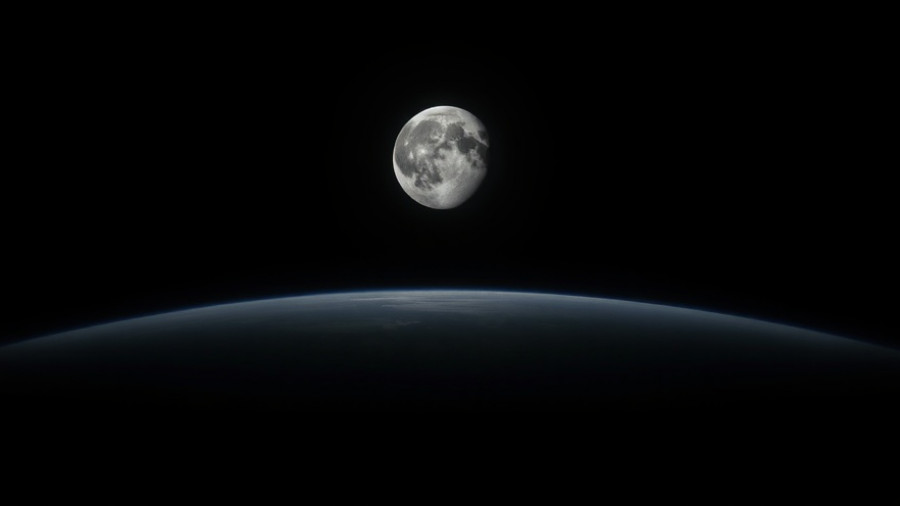 Moon above Earth's horizon in space, moon formation concept.