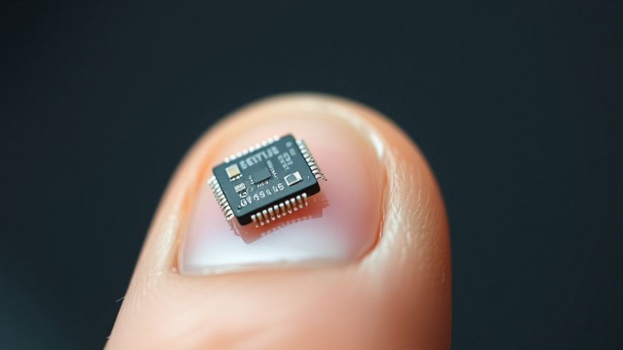 Tiny microchip on fingertip, illustrating artificial neurons for improved computer chips.