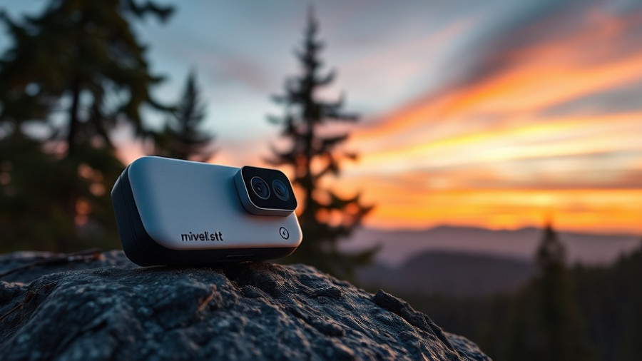 Wireless micro camera kit on rock with sunset mountain backdrop.