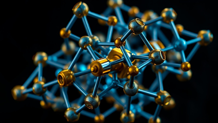 Quantum computing lattice with cylindrical structures in blue and gold.