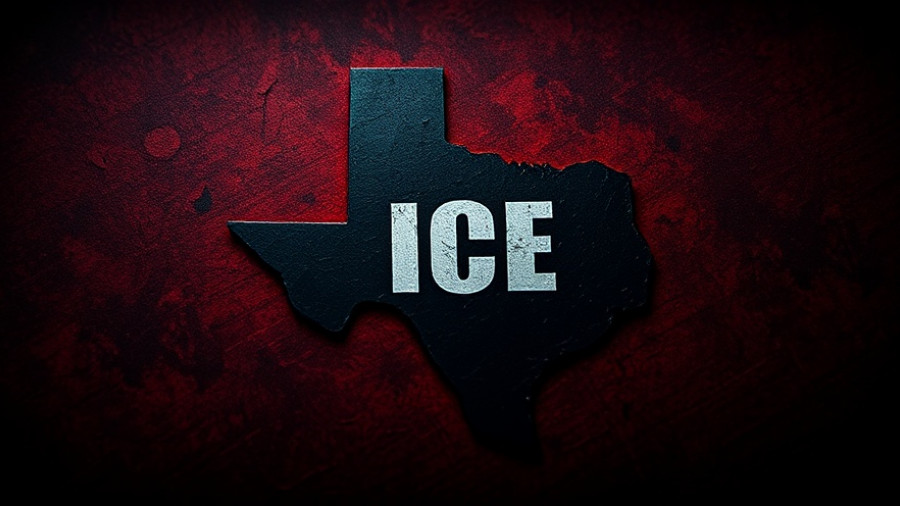 ICE officer badge with Texas map in red and black tones.