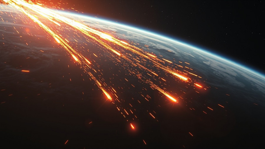 Space debris with transition metals creating fiery trails in space.