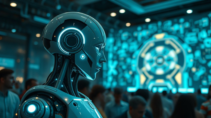 Futuristic robot interacts with crowd, symbolizing artificial intelligence's influence.