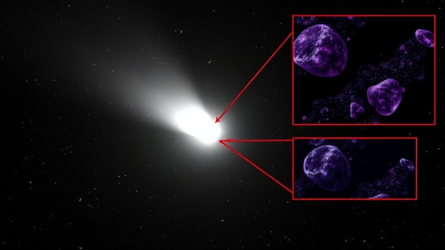 Interstellar comet 3I/ATLAS with grainy cosmic details.