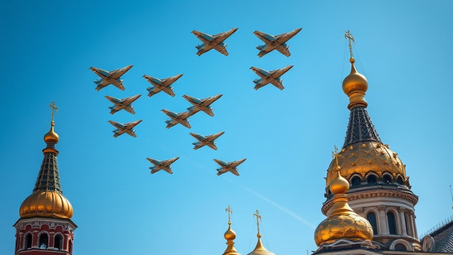 Military jets flying over Kremlin domes, symbolizing Russia's power.