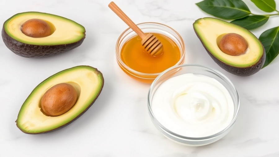 DIY avocado night cream ingredients of avocado, honey, and cream.