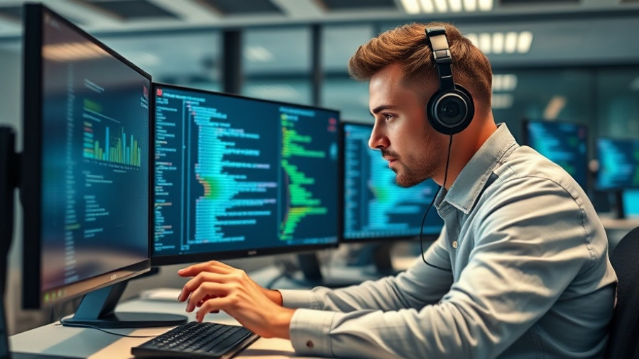 Professional using dual monitors for AI human collaboration in coding.