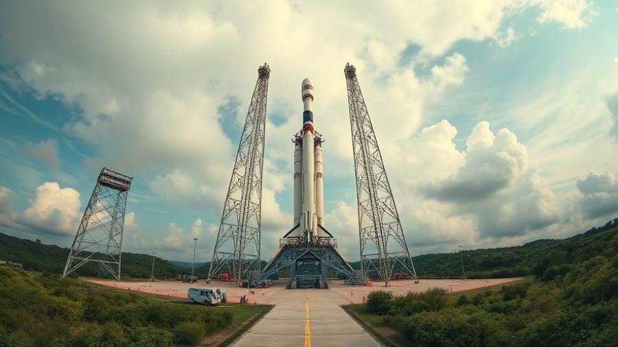 India's VLM3 rocket at launch pad amid green and cloudy sky.