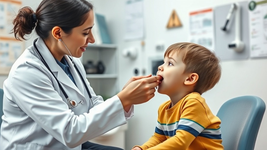 Doctor examines child's throat, potential adenotonsillectomy consultation.